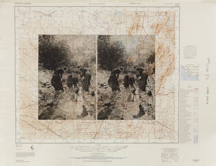 An image printed on an old map of a stereographic pair of photos of three women panning for gold in a stream. The women are in black Victorian dresses
